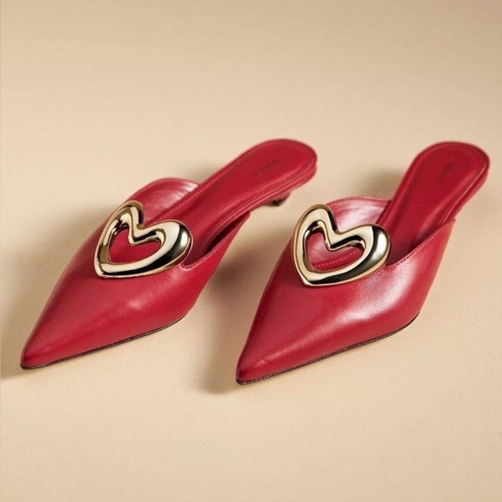 Maeve x Anthropologie Red Leather‎ Pointed Toe Mules Heart Heels Sz 38 US 7.5